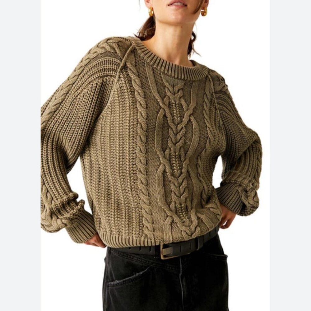 Free People Frankie Cable Cotton Sweater, Olive Stone green, Size Small